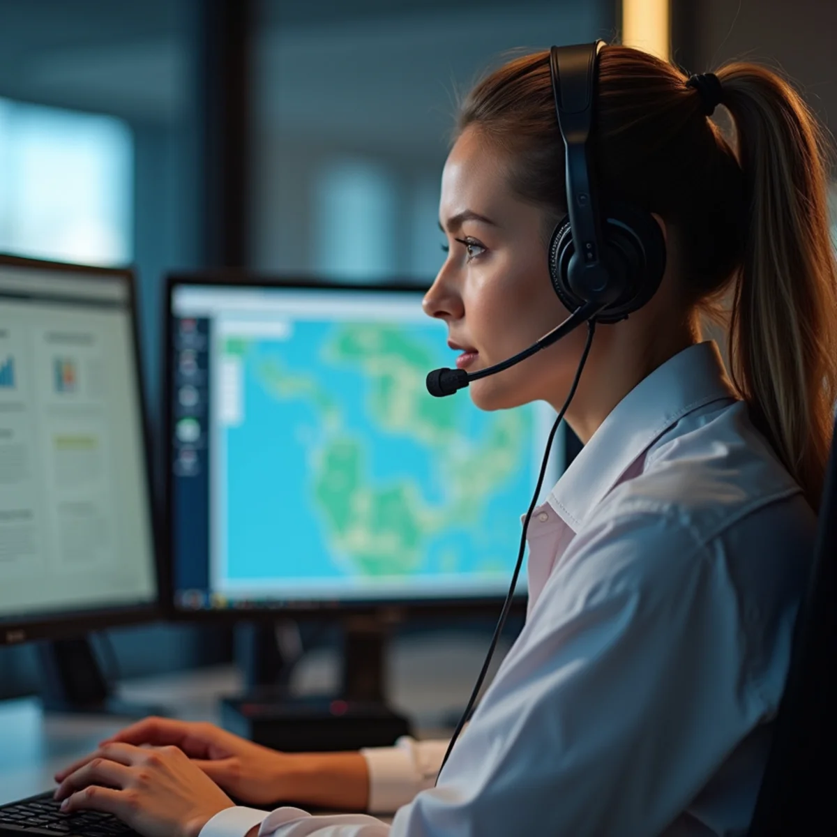 Emergency plumbing dispatch coordinator answering calls at live control desk
