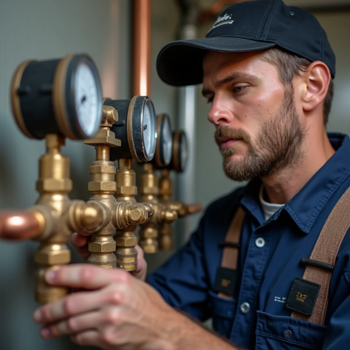 Licensed Illinois master plumber inspecting residential pressure gauges and manifold