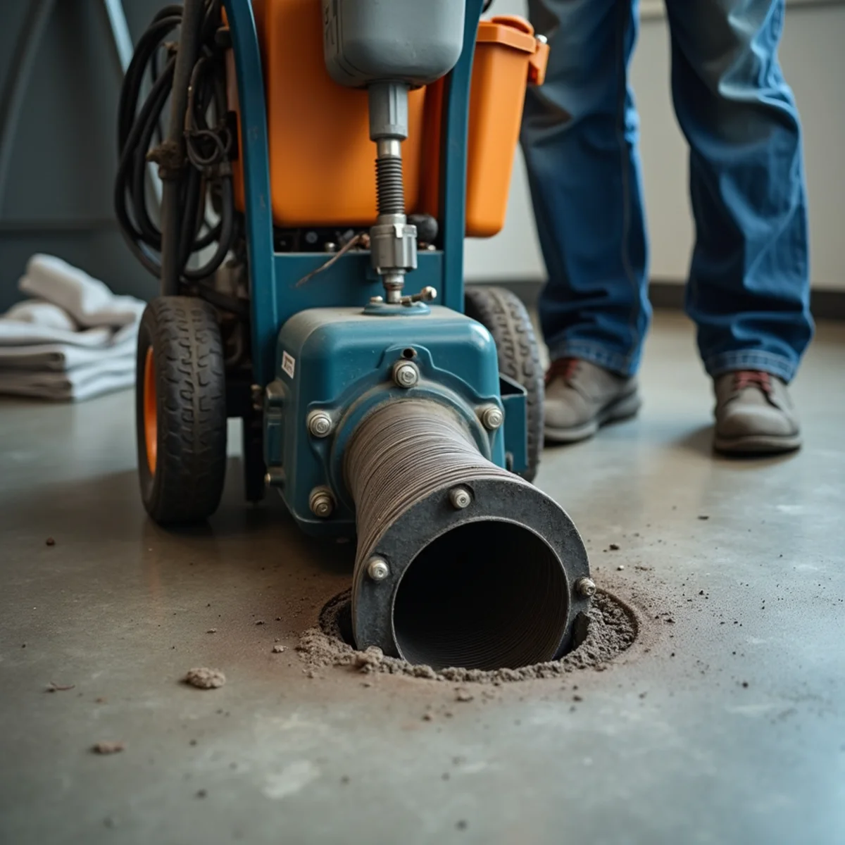 Professional plumber operating heavy-duty power rodding machine in Wilmette basement