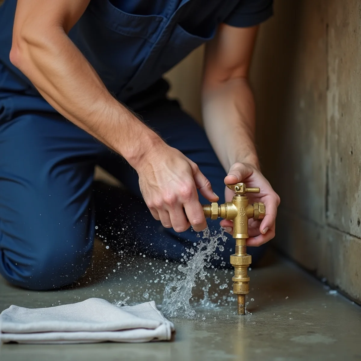 Emergency plumber closing main brass water shut-off valve to stop basement flooding