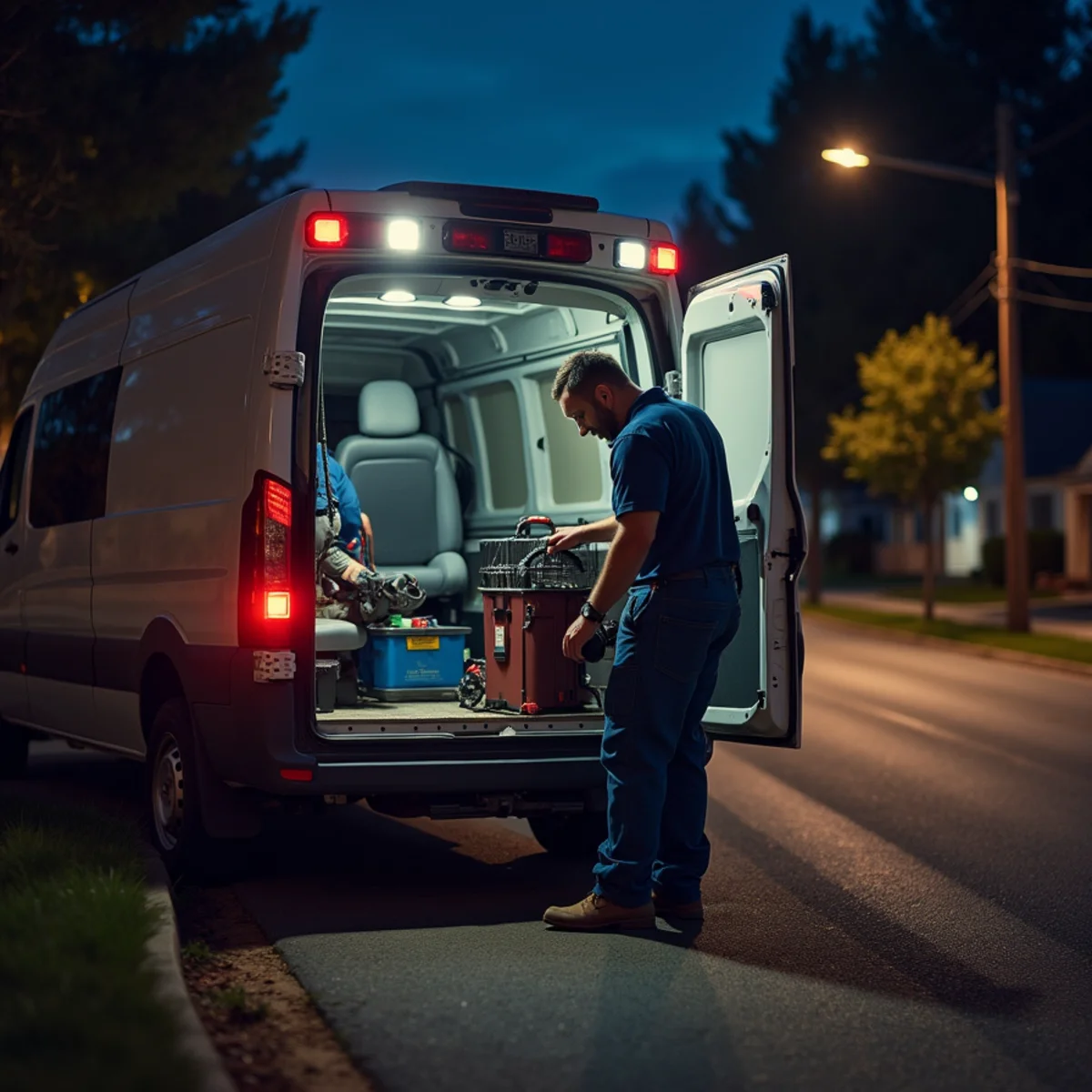 Plumber unloading emergency diagnostic kit from service van under amber streetlights