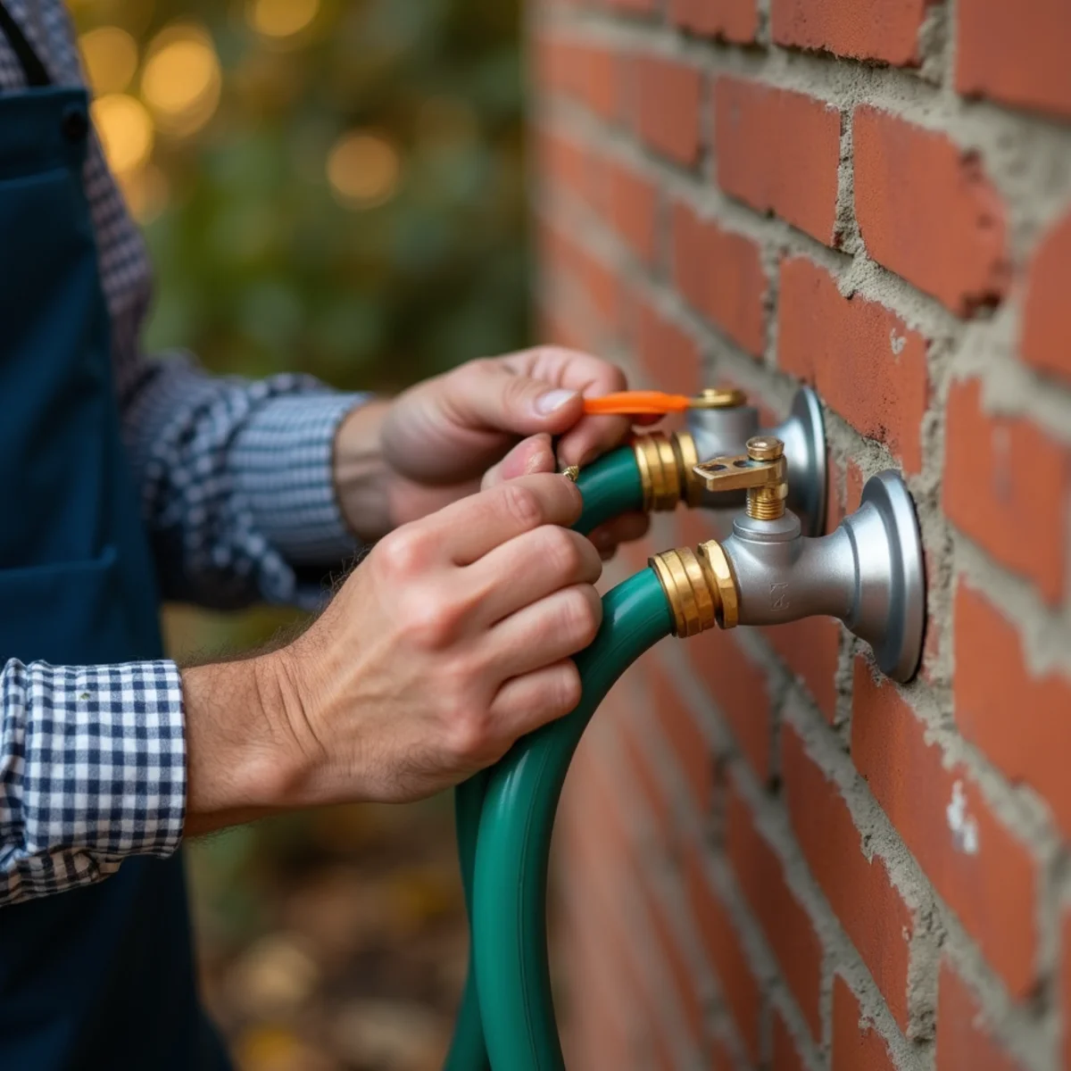 Disconnecting green outdoor garden hose from brass frost-free spigot in autumn