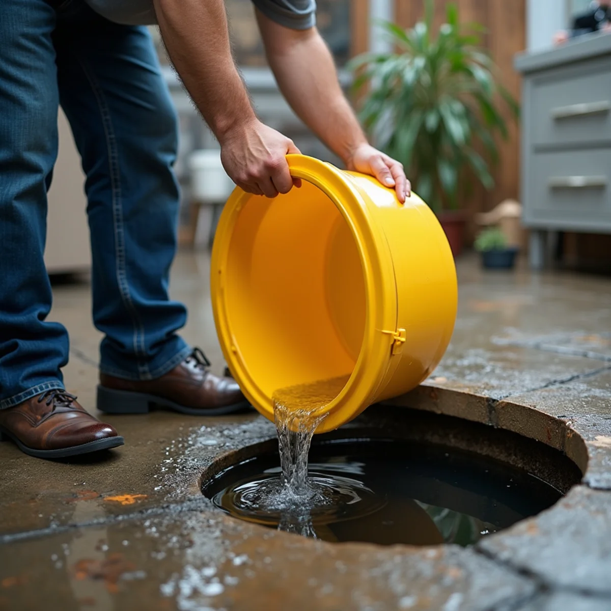 Testing sump pump float switch operation by pouring water into basement pit