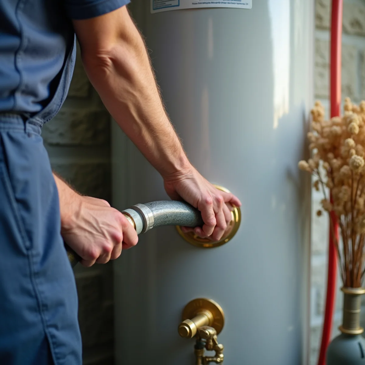 Attaching drain hose to water heater bottom valve to flush mineral scale