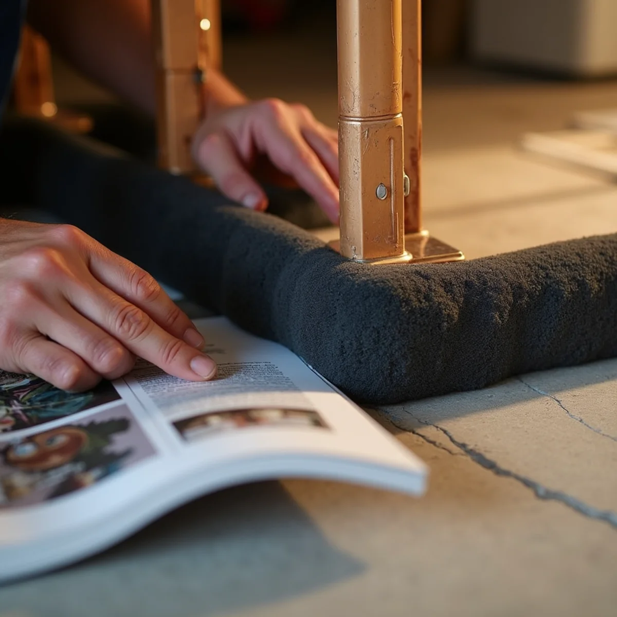Snapping polyethylene foam pipe insulation tubes over exposed copper lines