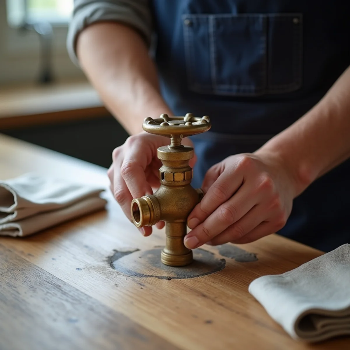 Hands turning round brass main water shut-off valve clockwise in basement