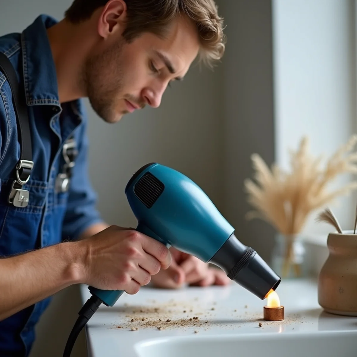 Using an electric hair dryer to gently warm a frozen copper pipe section