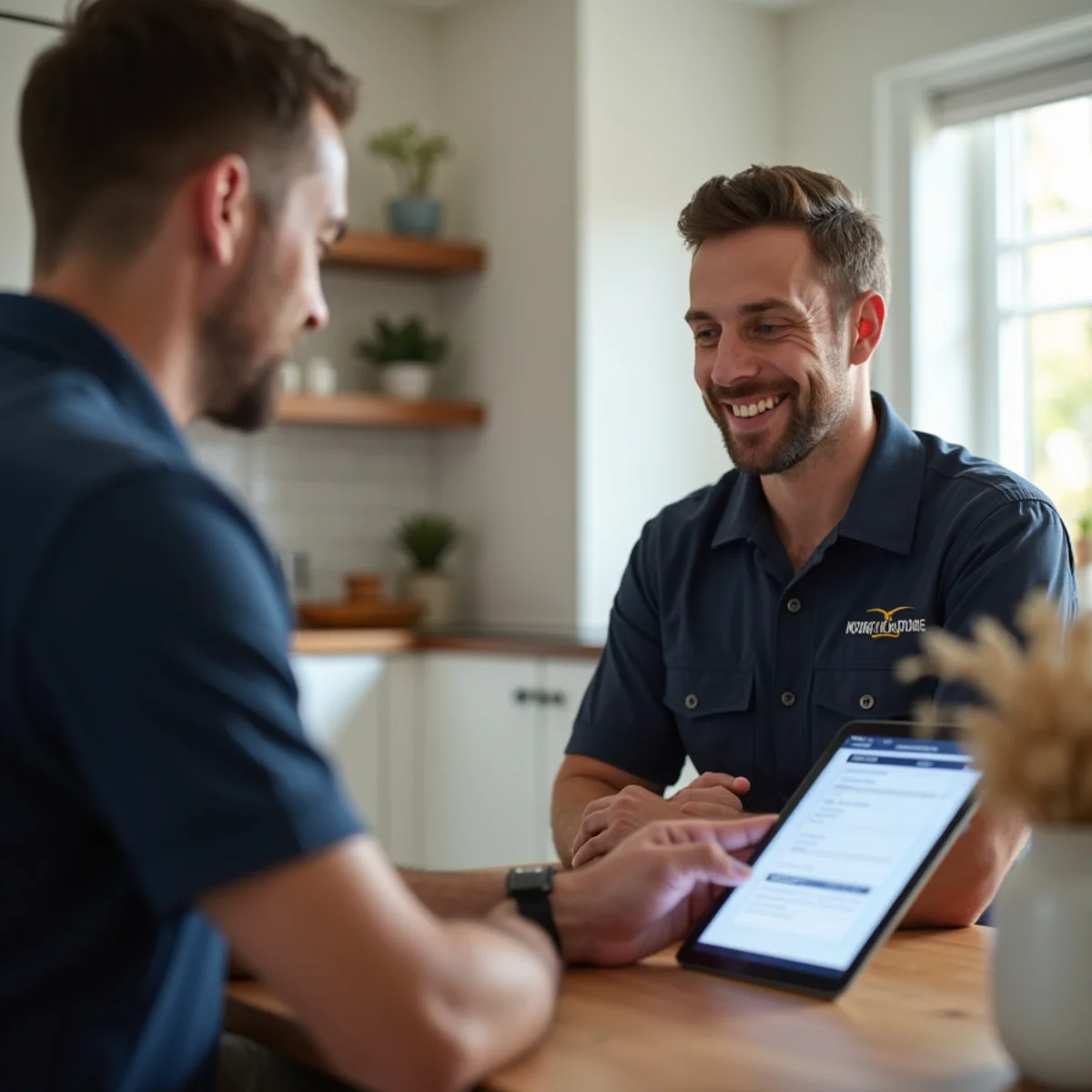 Licensed plumber reviewing written upfront estimate with homeowner in Wilmette, IL