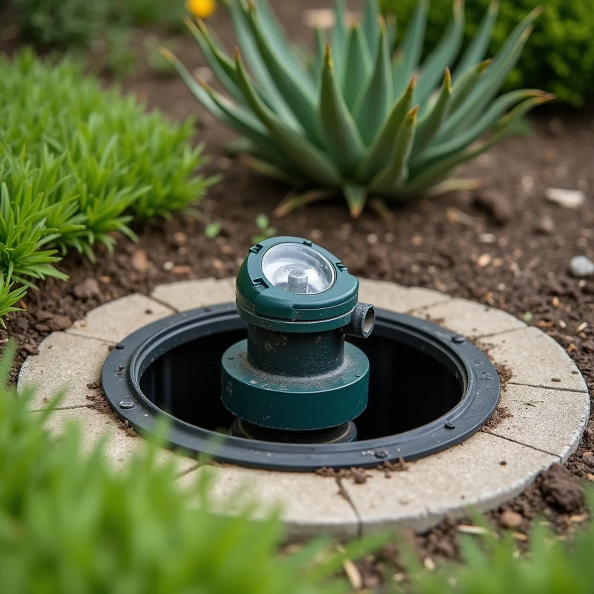 Exterior backwater valve pit in front yard of Park Ridge residence