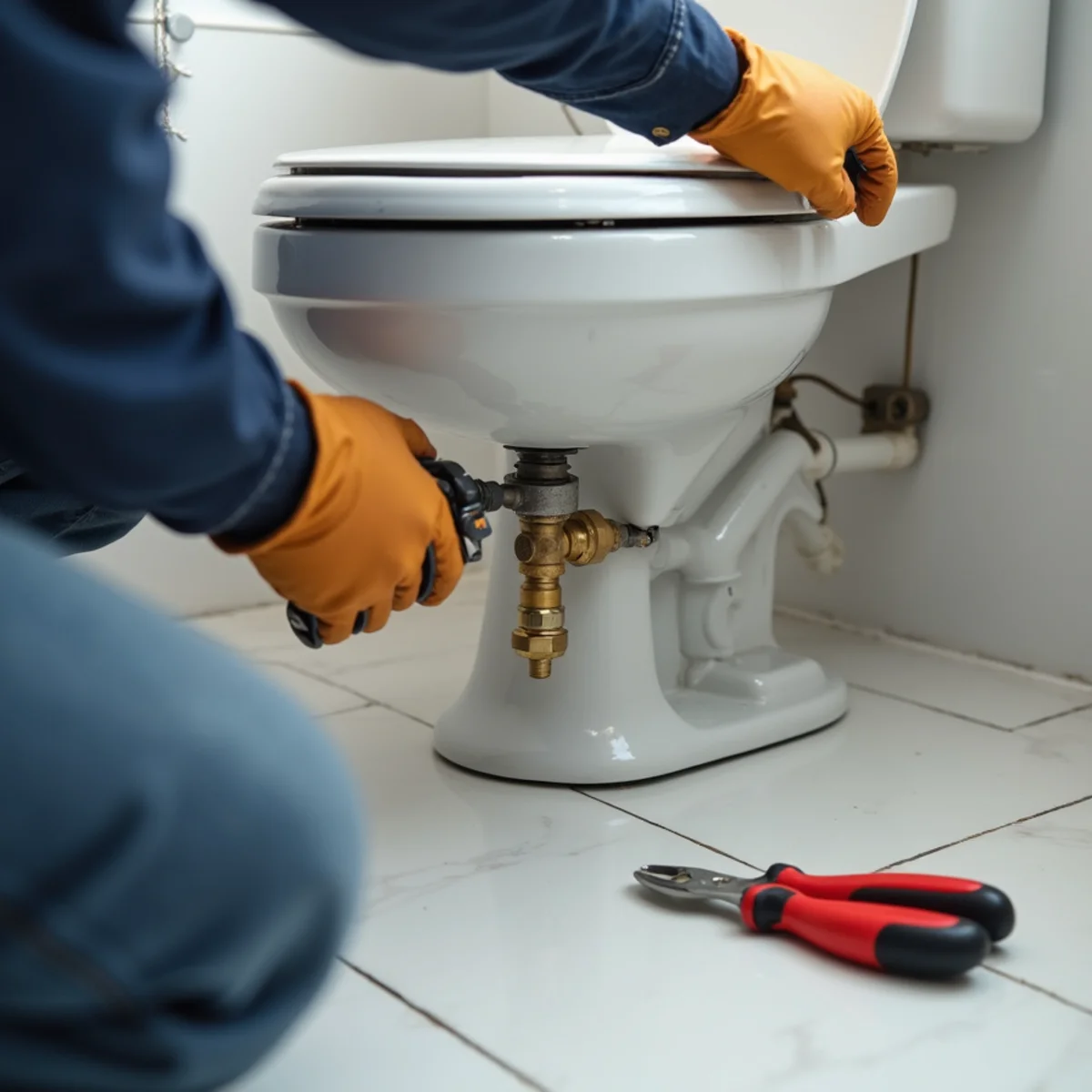 Plumber replacing seized brass shut-off valve beneath residential bathroom fixture
