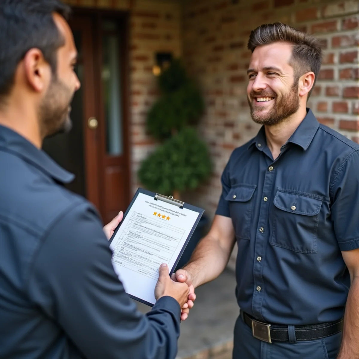 Licensed plumber handing completed inspection sign-off sheet to smiling North Shore homeowner