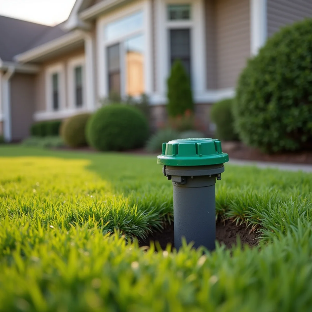 Newly installed two-way exterior sewer cleanout riser in Wilmette front lawn