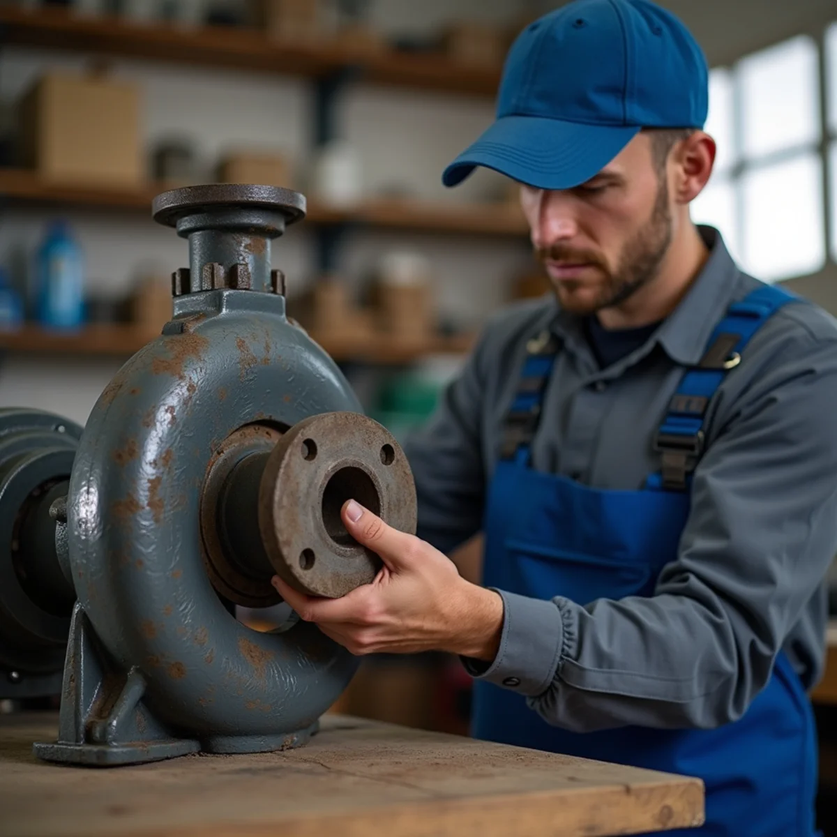 Plumber inspecting worn cast iron impeller housing on repair bench