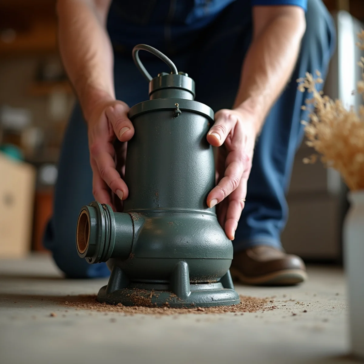 Plumber unboxing new commercial 1/2 HP cast iron submersible pump