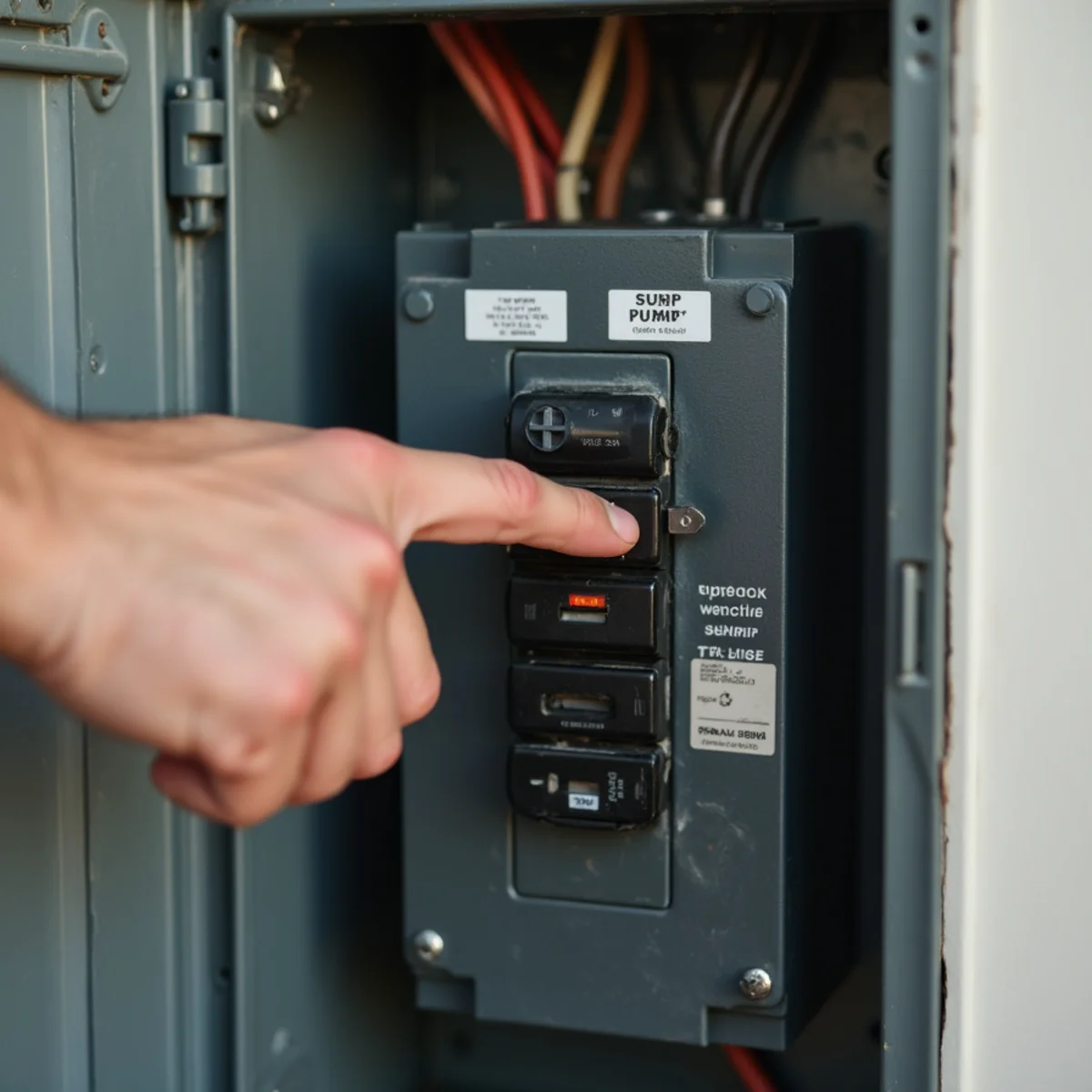 Finger pointing to tripped 20-amp breaker switch in electrical panel
