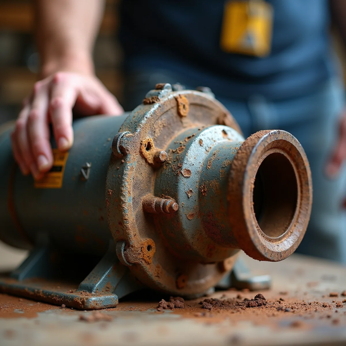 Severely pitted and rusted pump motor housing removed from pit