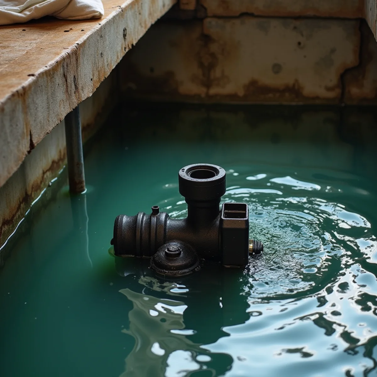 Sump pit brimful of water with silent non-responsive pump motor