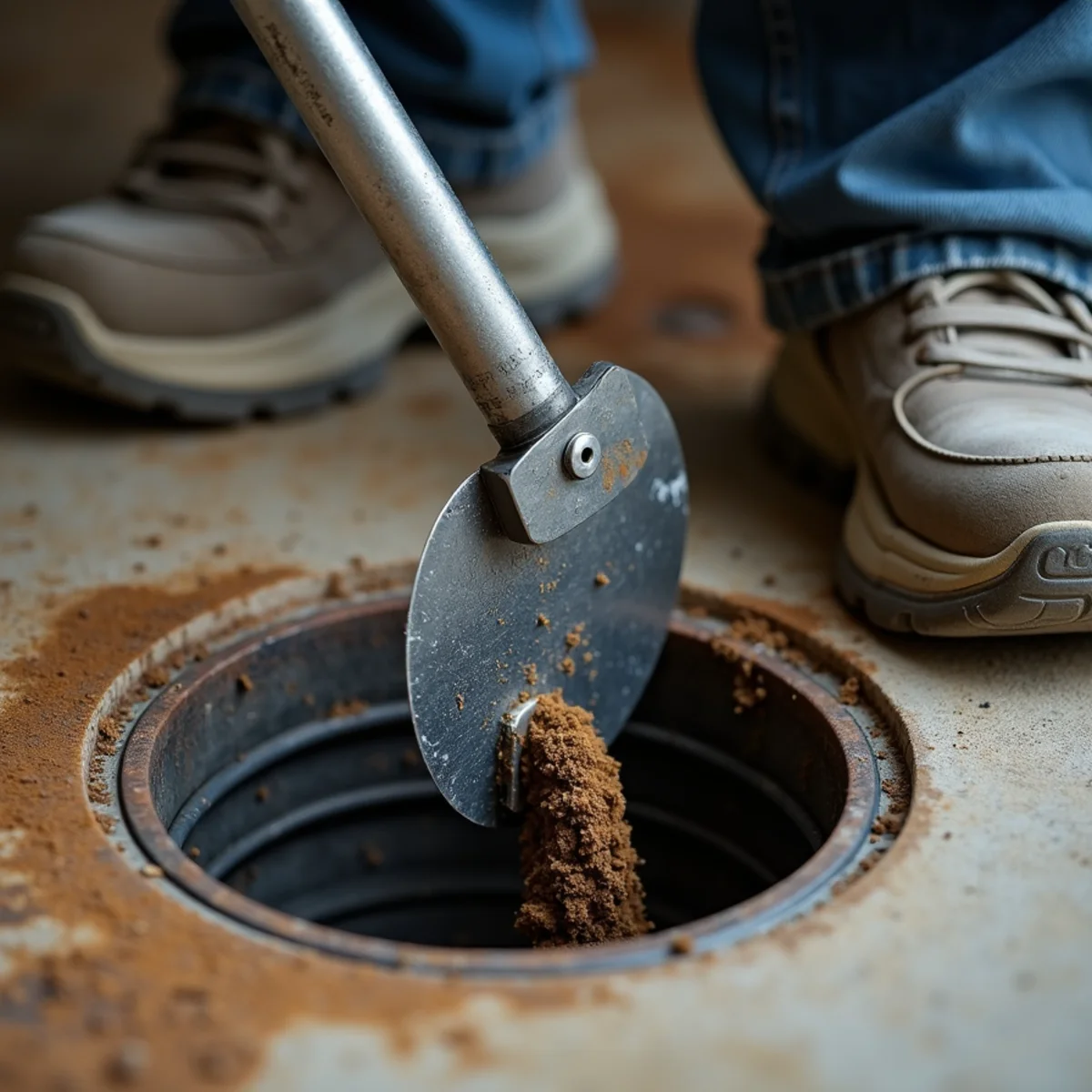 Clearing combined sewer floor drain trap with power rodding cable in Skokie