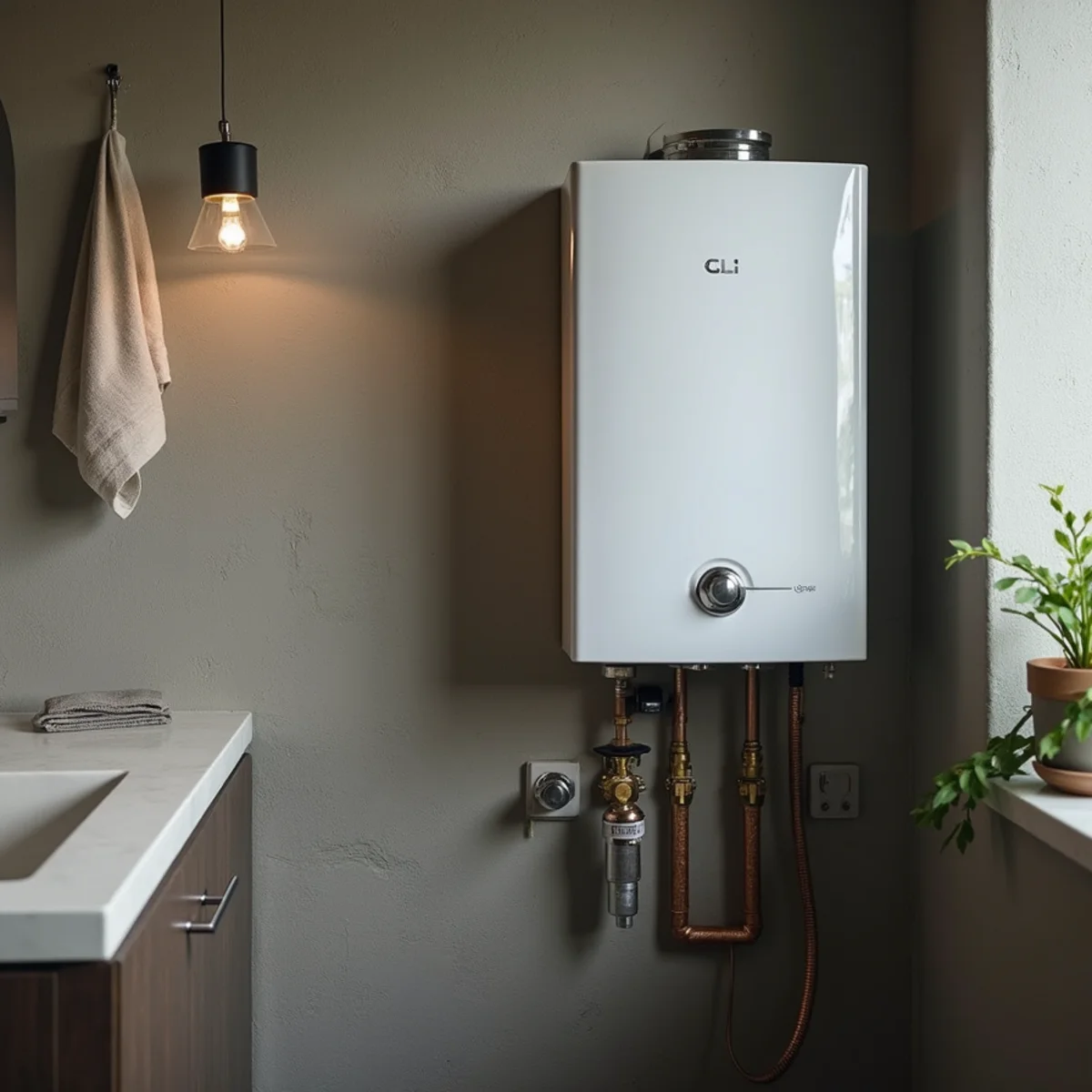 High-efficiency condensing wall-mounted tankless water heater installed in utility room