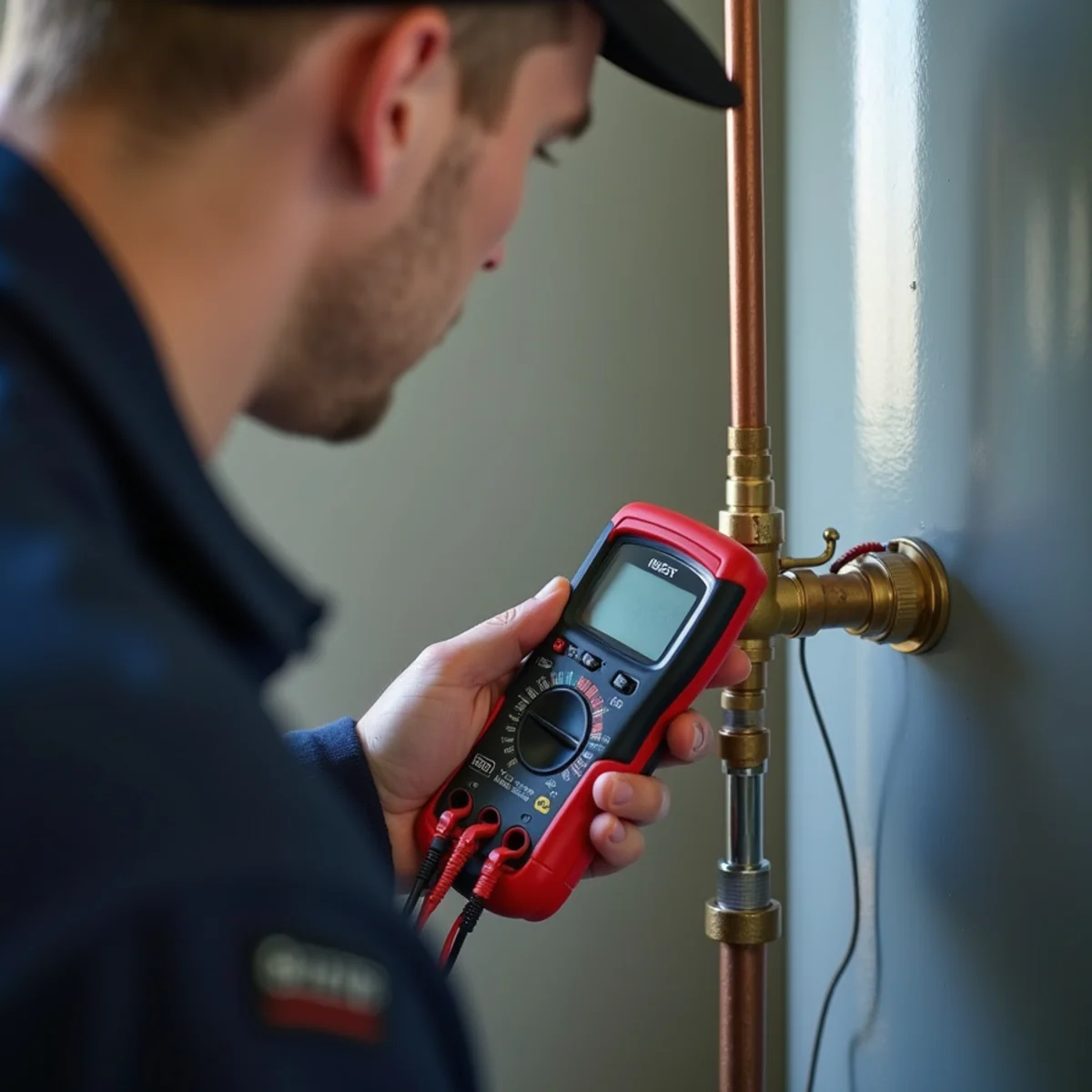 Master plumber testing brass electronic gas control valve on Bradford White water heater