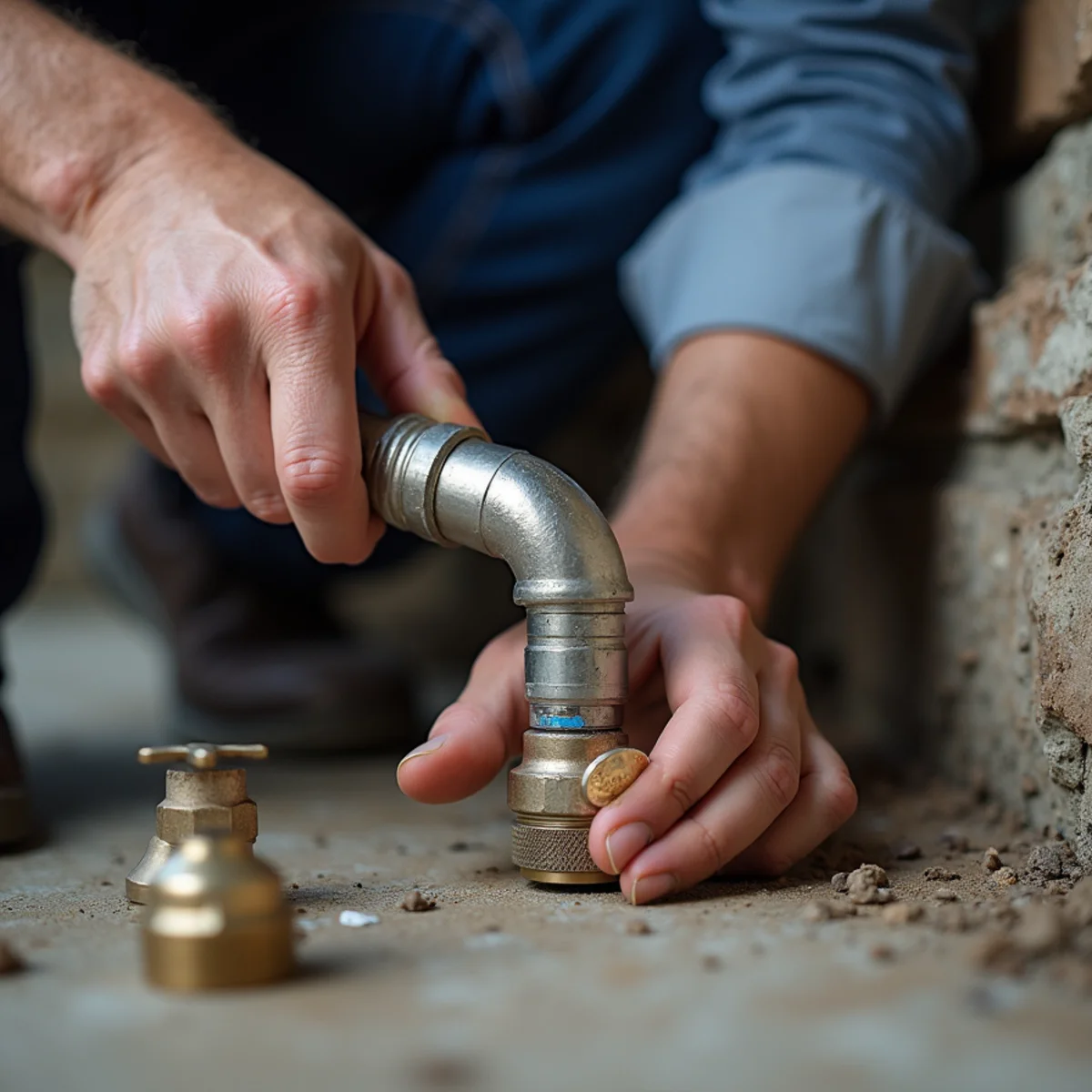 Plumber inspecting vintage lead pipe connection before trenchless replacement